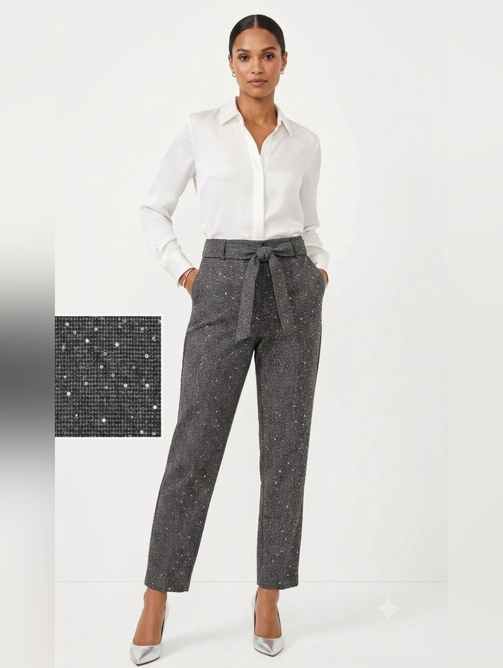 LOFT Gray And Black Sequin Tie-Waist Trousers Size 2